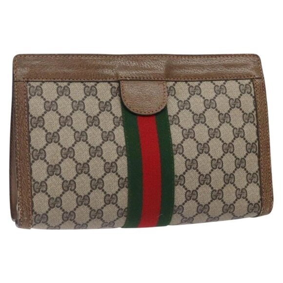 GUCCI GG Supreme Web Sherry Line Clutch Bag PVC Beige - Picture 1 of 16